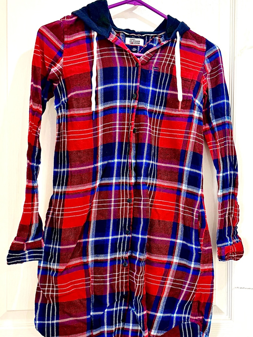 Tommy Hilfiger Red & Blue Plaid Hooded Button-Front Dress
